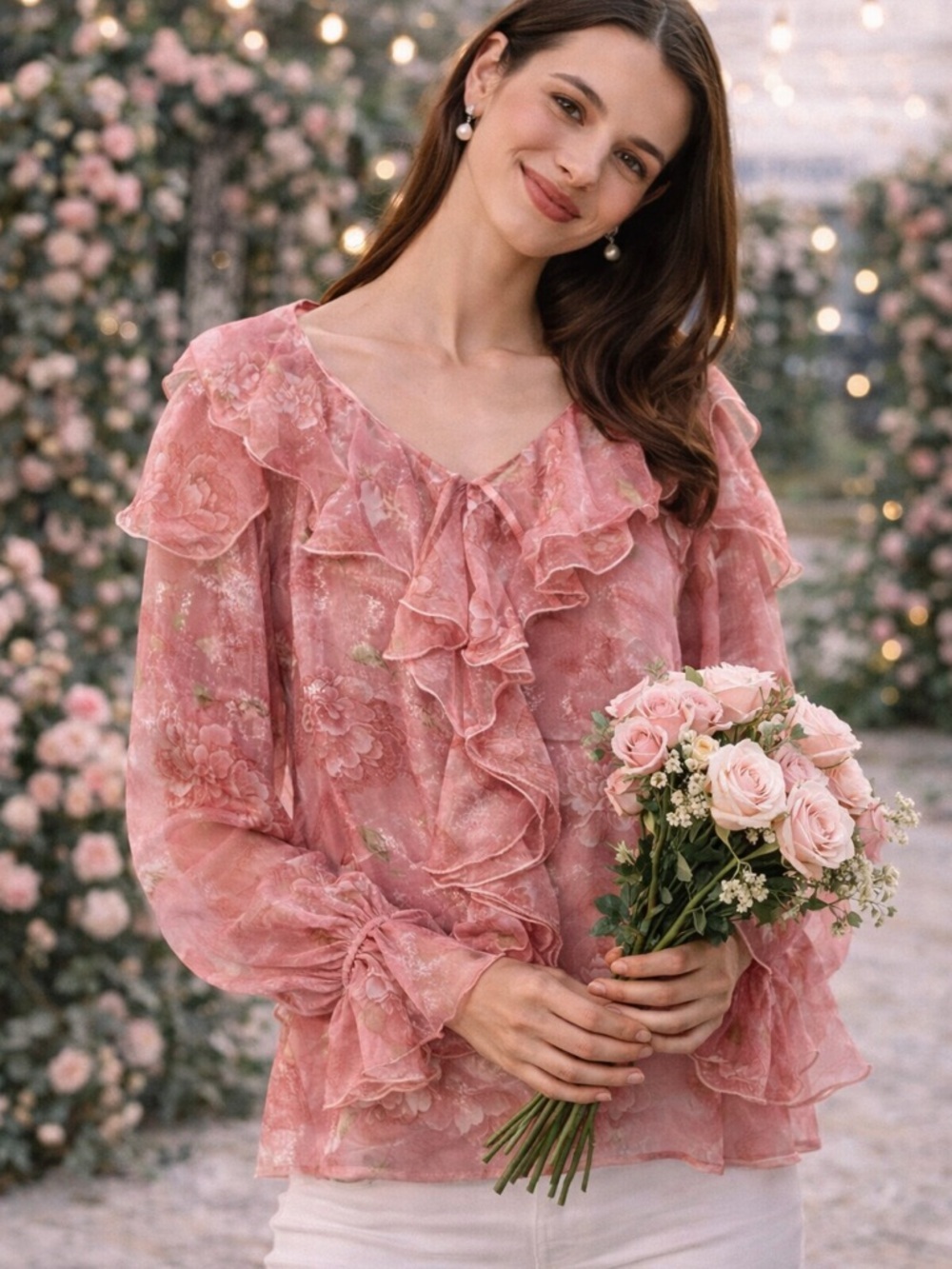 N by Nancy Sheer Pink Metallic Ruffle Blouse Floral Print Size Small Top NWT